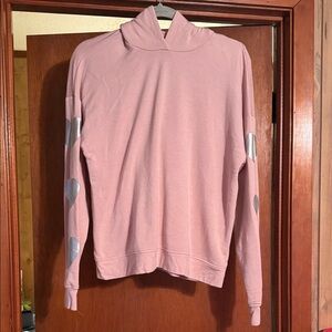 Marled Pink thinner hoodie with silver metallic hearts on each sleeve